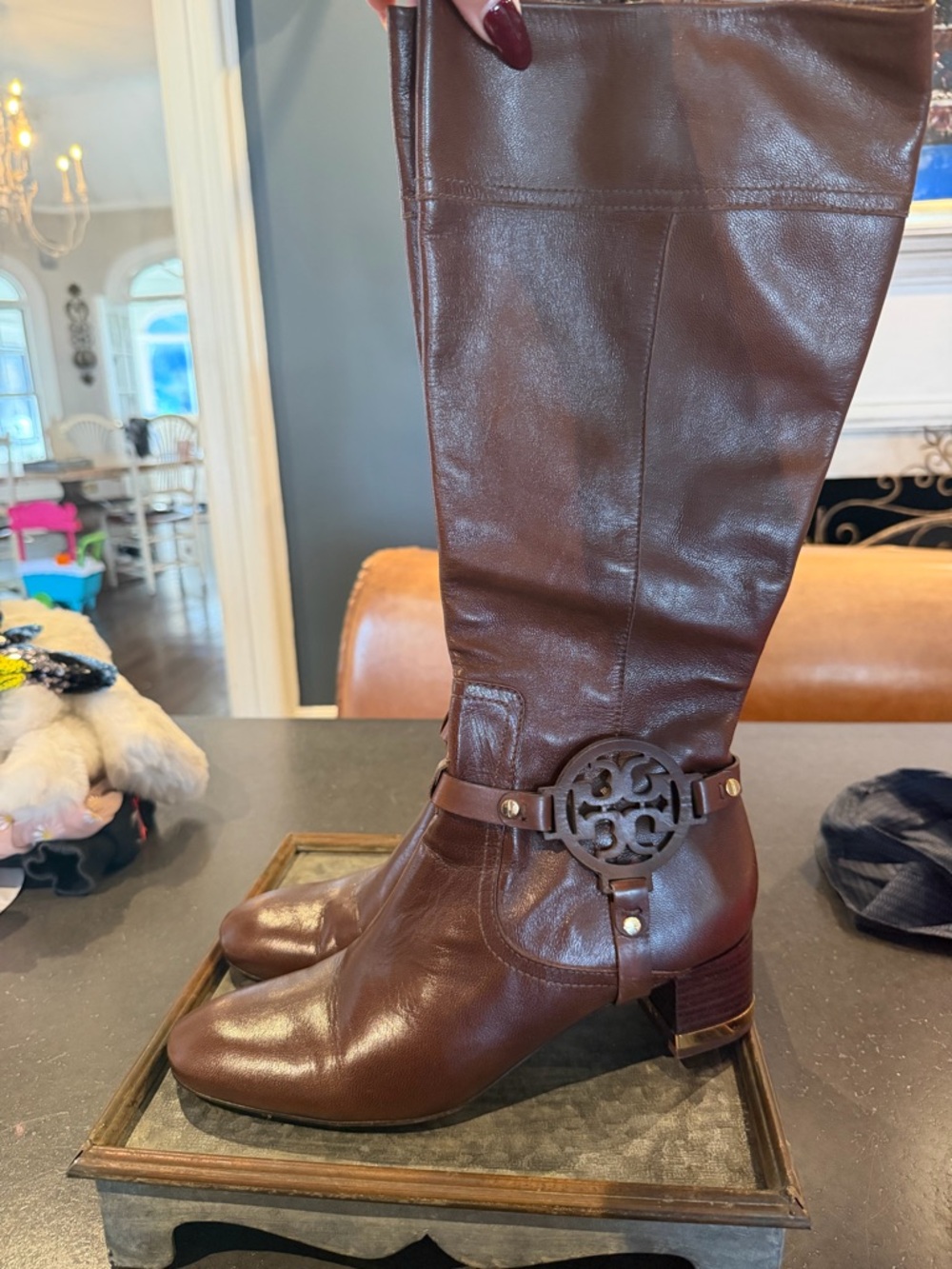 Tory Burch Brown Leather Knee-High Boots with Logo Harness